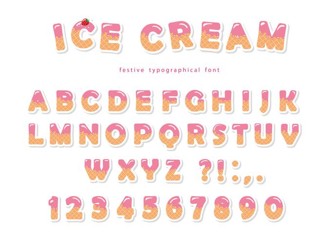 Ice cream font with cute wafer letters and numbers  vector