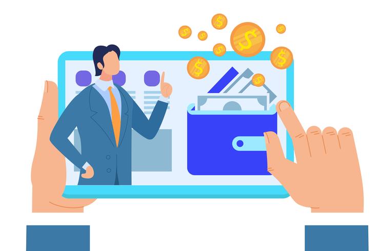 Male Hands Holding Tablet with Business Advisor. vector