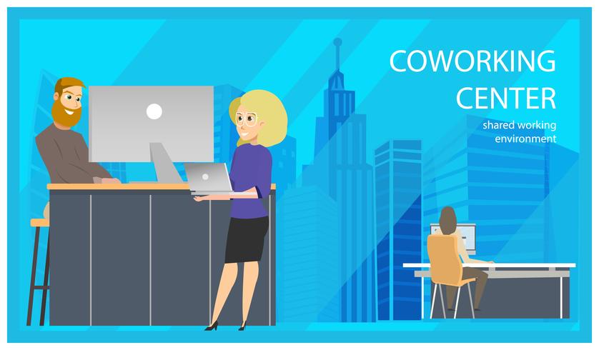 Coworking Reception Man Inviting Woman Banner vector
