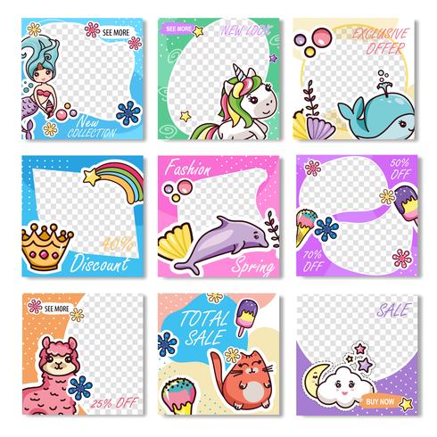 Establecer la tarjeta de cupón de promoción de venta de descuento Kawaii vector