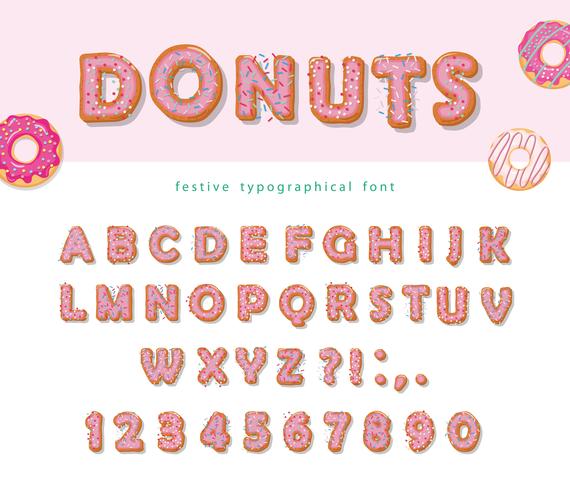 Donuts dibujado a mano fuente decorativa dibujos animados dulces letras y números vector