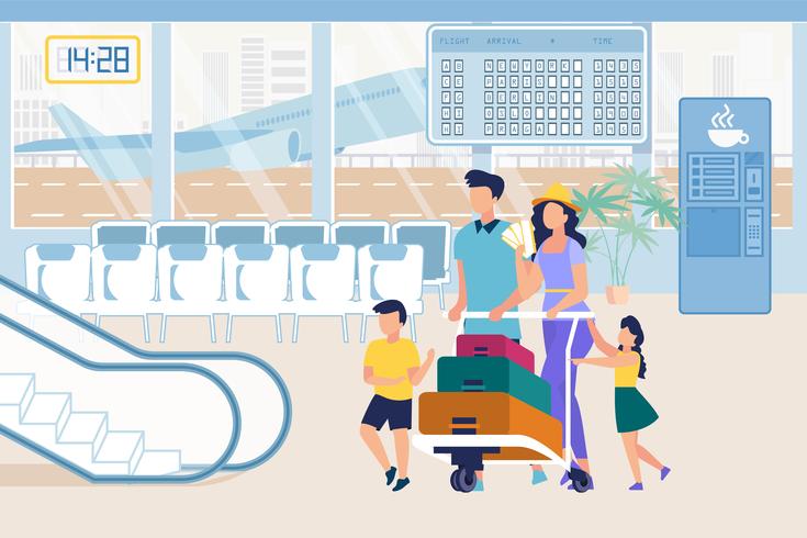 Parents and Kids in Airport Pushing Baggage Cart vector