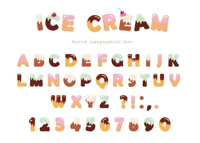 Fuente de helado con lindas obleas letras y números vector