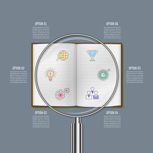 Concepto de negocio de diseño infográfico de lupa con 6 opciones, partes o procesos. vector