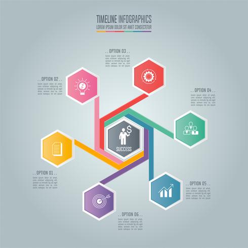 Concepto de negocio infográfico retorcido hexagonal con 6 opciones. vector