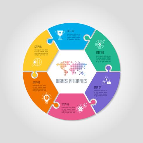 Concepto de negocio de diseño infográfico de círculo de rompecabezas con 6 opciones, partes o procesos vector