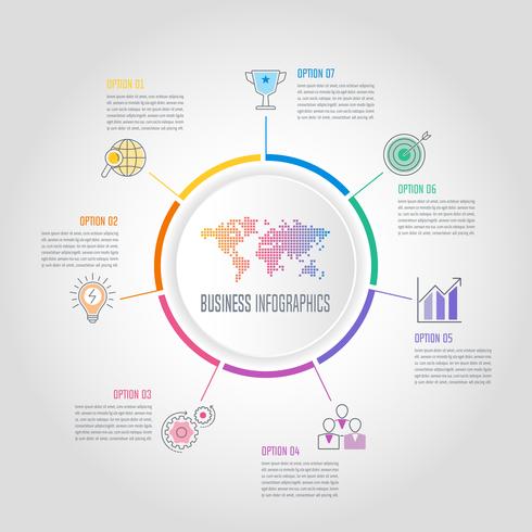 Concepto de negocio de diseño infográfico circular mundial con 7 opciones, partes o procesos. vector