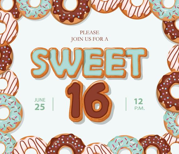 Sweet 16 birthday card. Cartoon hand drawn letters and donut frame on pastel blue. vector