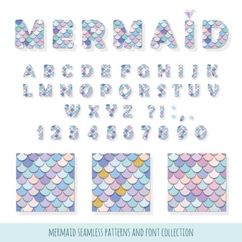 Mermaid font and seamless patterns set for birthday cards, posters vector