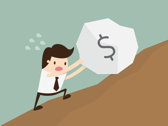Business man pushing a huge stone with dollar sign uphill vector