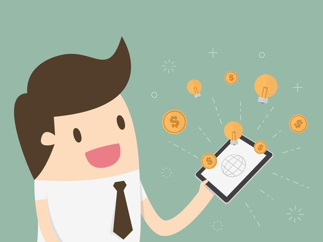 Businessman with tablet computer and money and idea appearing from the screen vector