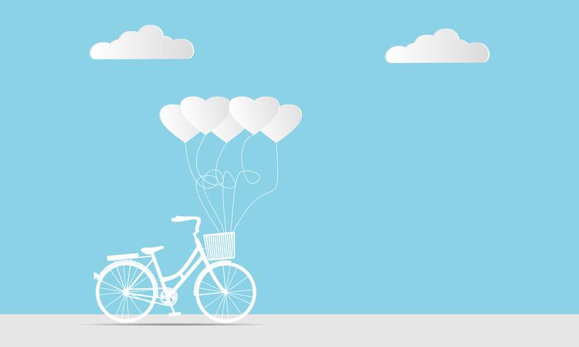 Heart shape balloons and bicycle on soft blue background vector