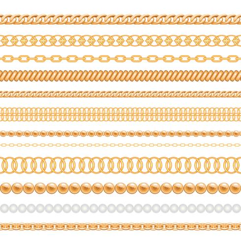 Set of gold chains and ropes isolated on white vector