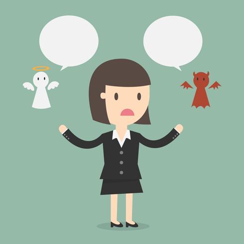 Business woman with angel and devil on shoulder vector
