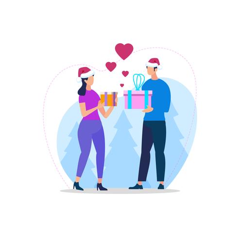 Young Loving Couple in Santa Hats Exchanging Gifts vector