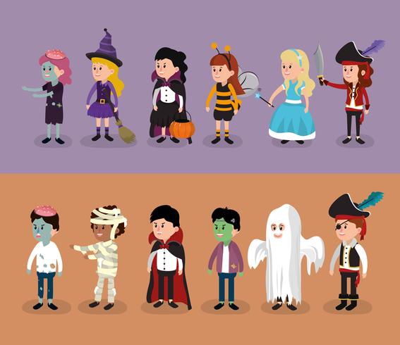 Conjunto de niños en disfraces de halloween vector