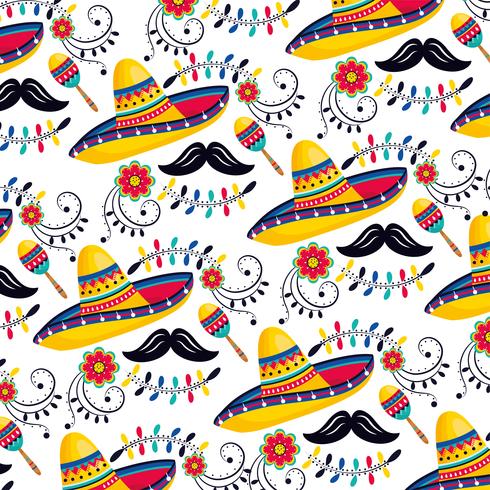 sombreros mexicanos con maracas y bigotes vector