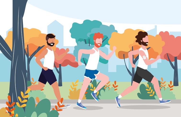 men running through park or forest vector