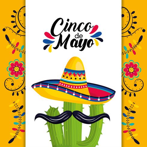 mexican card with hat and cactus plant with mustache vector