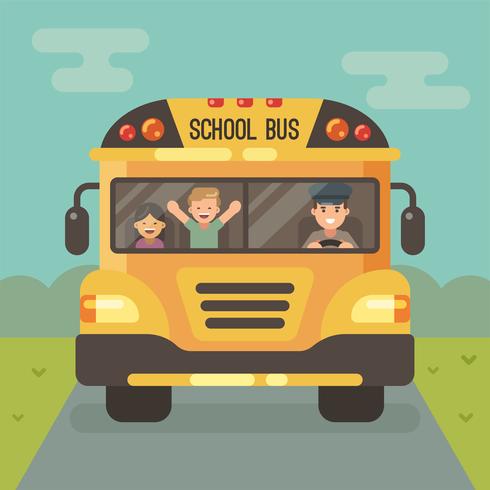 Front view of yellow school bus on the road with a driver and two children vector