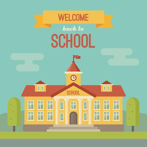 Edificio escolar y pancarta con Bienvenido de nuevo a la escuela vector