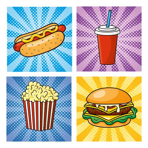 Conjunto de comida rápida pop art con hot dog, refrescos y hamburguesas vector