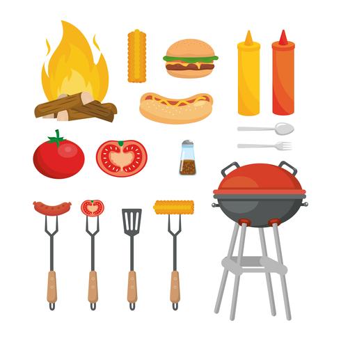 set of picnic food snack with grill and bbq items vector