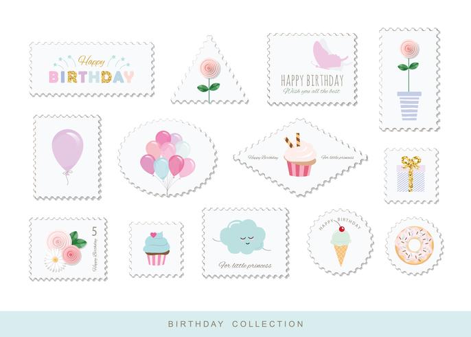 Lindos sellos postales para cumpleaños o diseño de bloc de notas vector