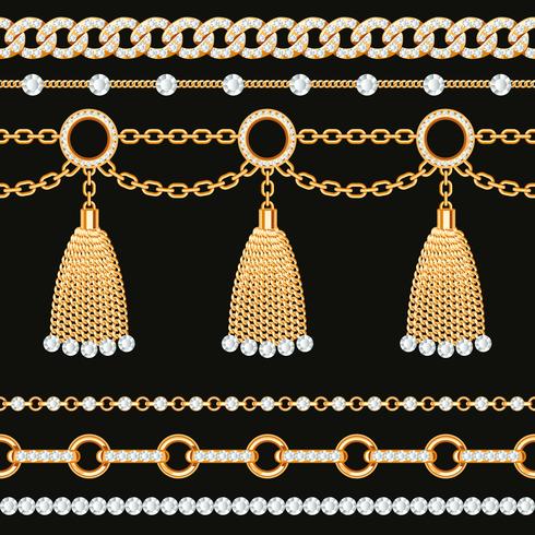 Set of golden metallic chain borders with gemstones and tassels vector