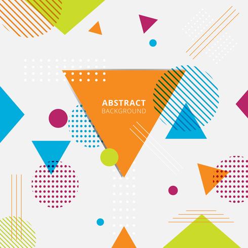 Colorful geometric triangles, circles, lines and dots on white background. vector