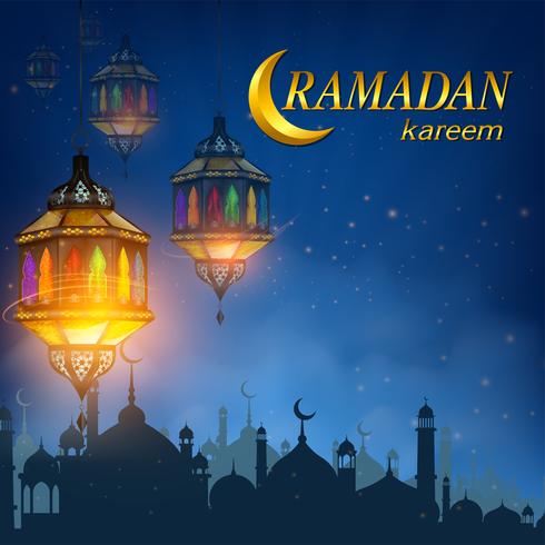 Ramadán Kareem o Eid Mubarak con lámpara de Ramadán vector