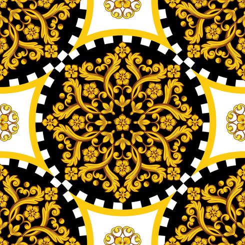 Golden ornamemtal round mandala with checkered border vector