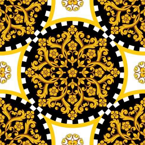 Golden ornamemtal round mandala with checkered border vector