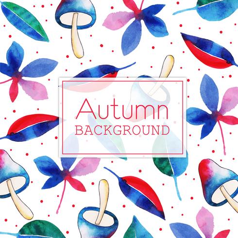 Blue and Red Mushroom and Leaf Beautiful Watercolor Autumn Leaves Background vector