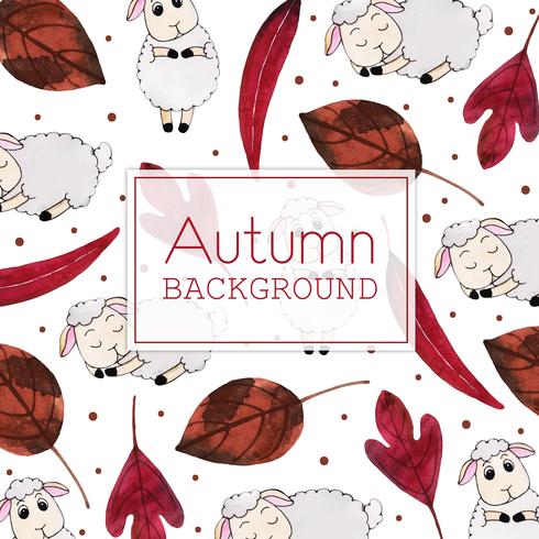 Red Leaves and Sheep Beautiful Watercolor Autumn Leaves and Sheep  Background vector