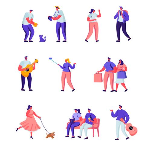 Conjunto de personajes de Flat Street Músicos y peatones vector