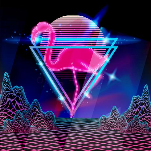 Retro style 80s disco design flamingo neon vector