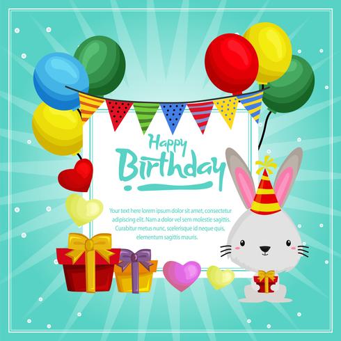 birthday card template with cute rabbit and balloons