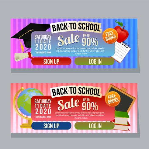 Banner horizontal de venta de regreso a la escuela con artículos escolares vector