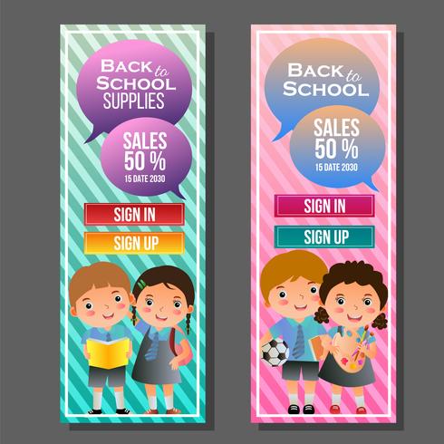 Colorido banner vertical de regreso a la escuela con niños vector