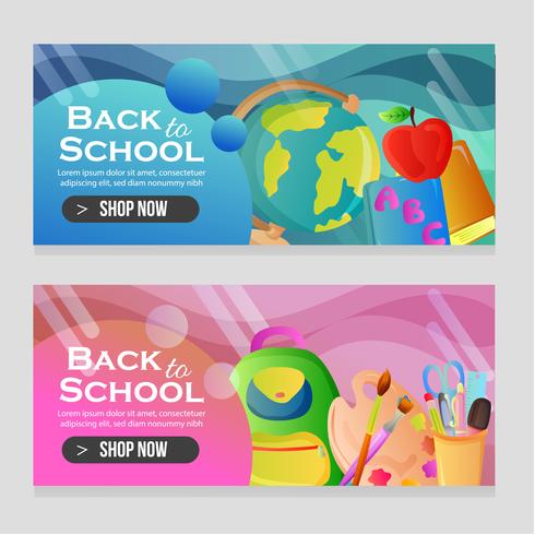 Banners de plantillas escolares con objetos escolares vector