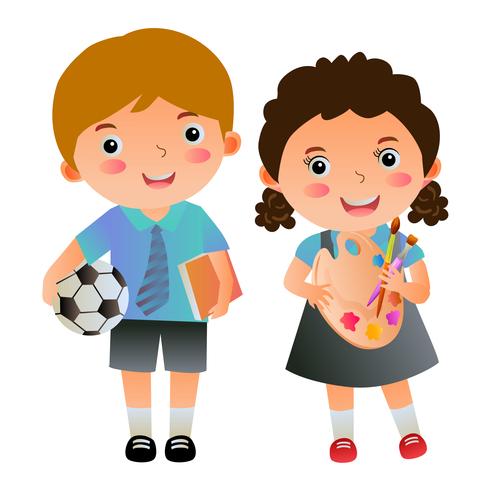 boy and girl students with school items vector