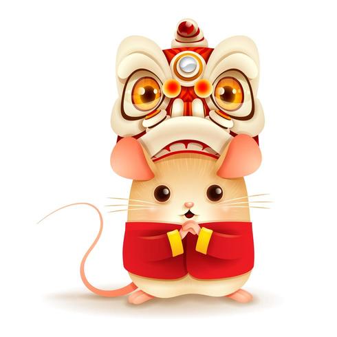 The Little Rat with Chinese New Year Lion Dance Head. vector