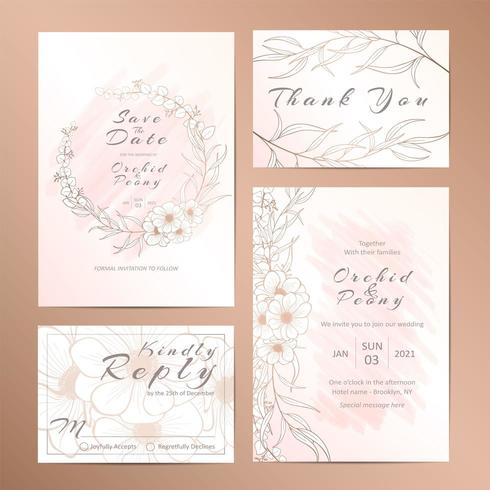 Wedding invitation template set of outlined anemone flower vector