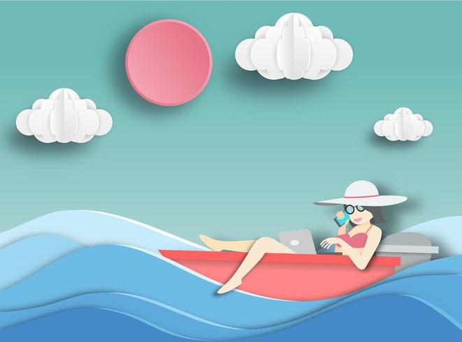 Woman Relaxing on a Boat vector