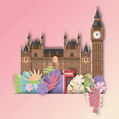 Londres con pancarta de verano de hoja tropical vector