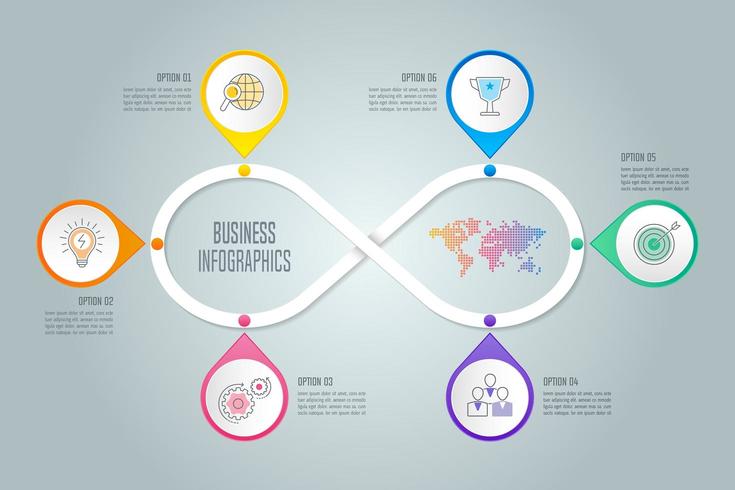 Concepto de negocio de diseño infográfico con 6 opciones, piezas o procesos. vector