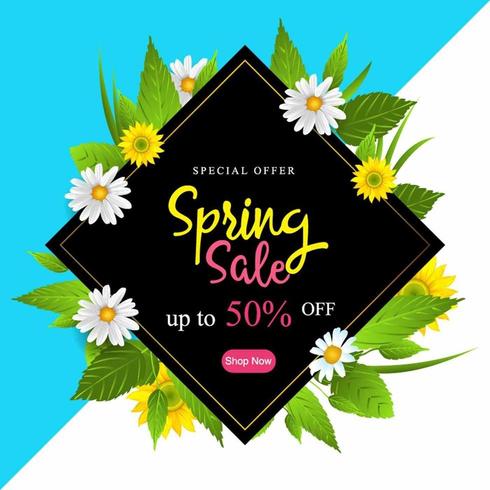 Spring Sale Poster with Flowers and Leaves