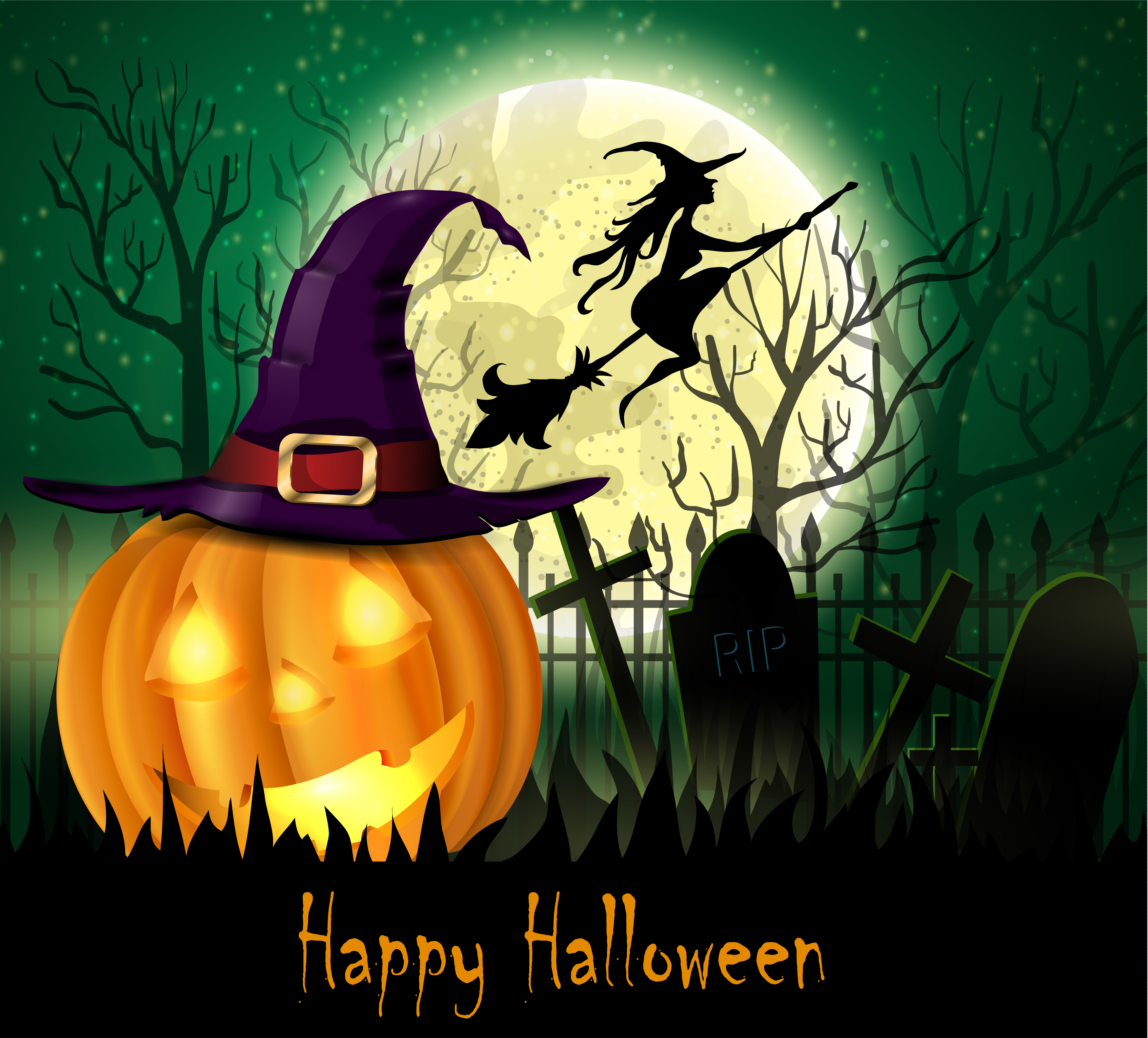 Halloween spooky background with pumpkin and witch in front of moon