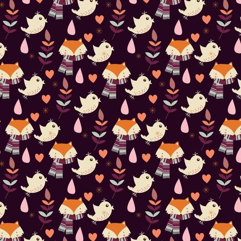 Autumn seamless pattern with foxes and birds vector